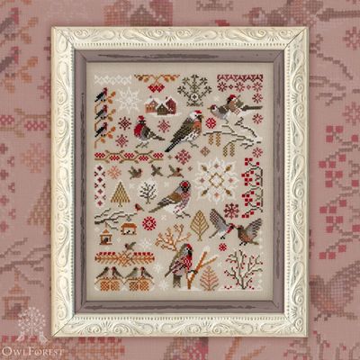 Redpolls by Owl Forest Embroidery 2024. Printed embroidery pattern, Set of OwlForest Hand-Dyed Threads DMC  28, 32, 36 ct. with 2 strands