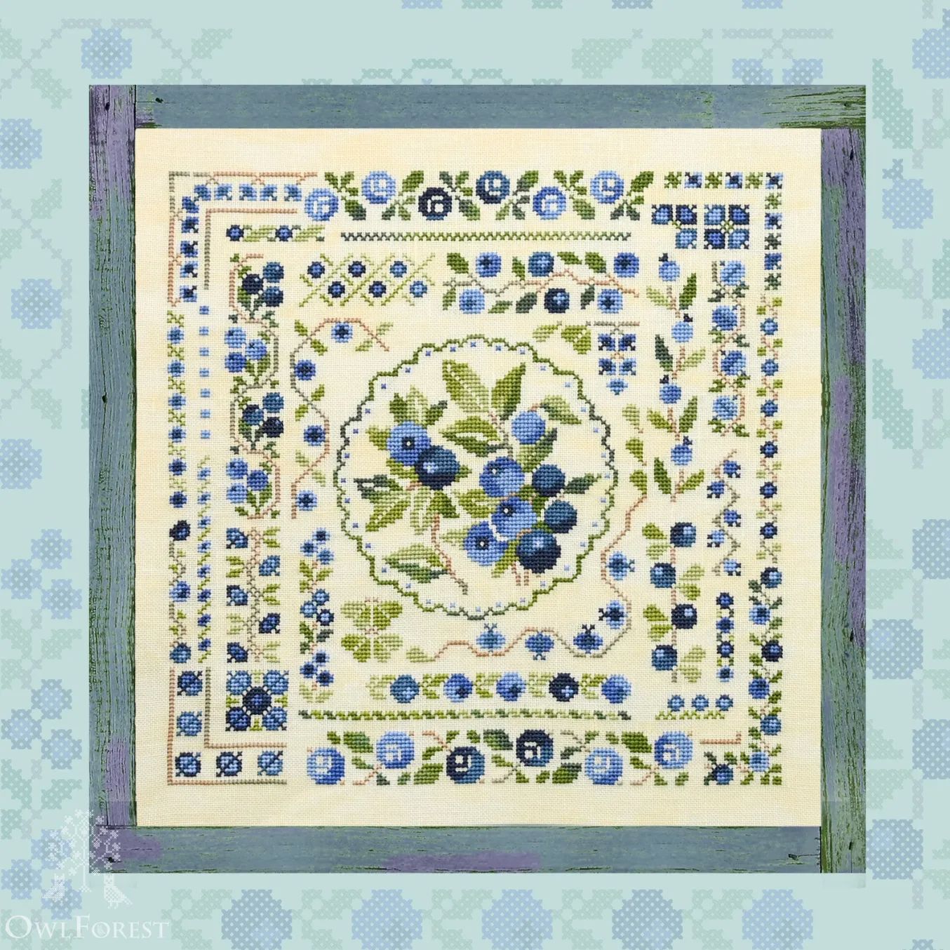 Blueberry Summer by Owl Forest Embroidery Cross Stitch Pattern, Set of Hand-Dyed Threads DMC 32 ct., 36 ct. with 2 str., 40 ct. with 1 str.