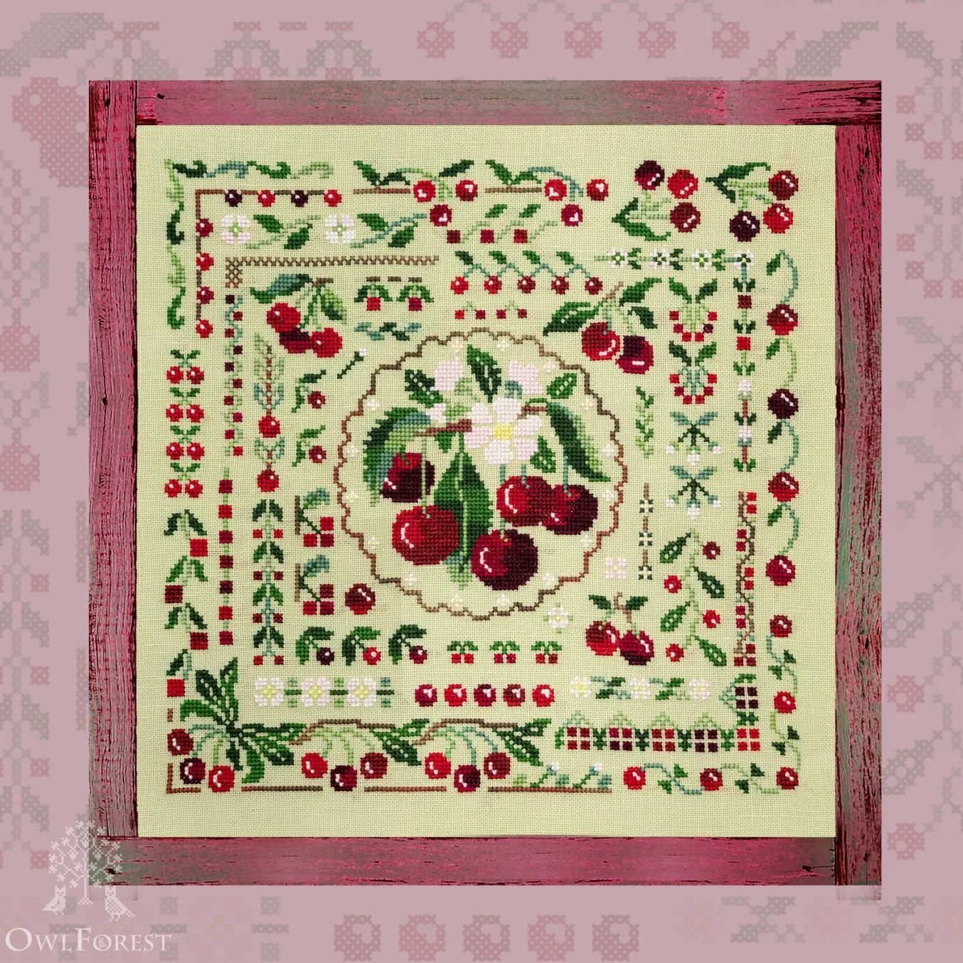Cherry Summer by Owl Forest Embroidery 2022 The Berry Summer Series Cross Stitch Pattern, Set of Hand-Dyed Threads DMC 32, 28 ct. with 2 str