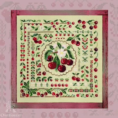 Cherry Summer by Owl Forest Embroidery 2022 The Berry Summer Series Cross Stitch Pattern, Set of Hand-Dyed Threads DMC 32, 28 ct. with 2 str