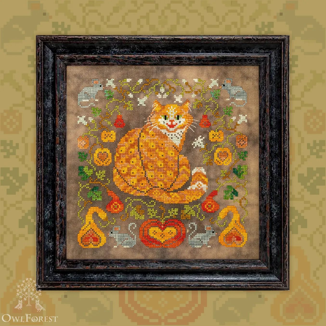 Pumpkin Cat by Owl Forest Embroidery 2025 Printed counted cross stitch pattern, Set of Hand-Dyed Threads DMC 28, 32, 36 ct. with 2 strands