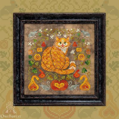 Pumpkin Cat by Owl Forest Embroidery 2025 Printed counted cross stitch pattern, Set of Hand-Dyed Threads DMC 28, 32, 36 ct. with 2 strands