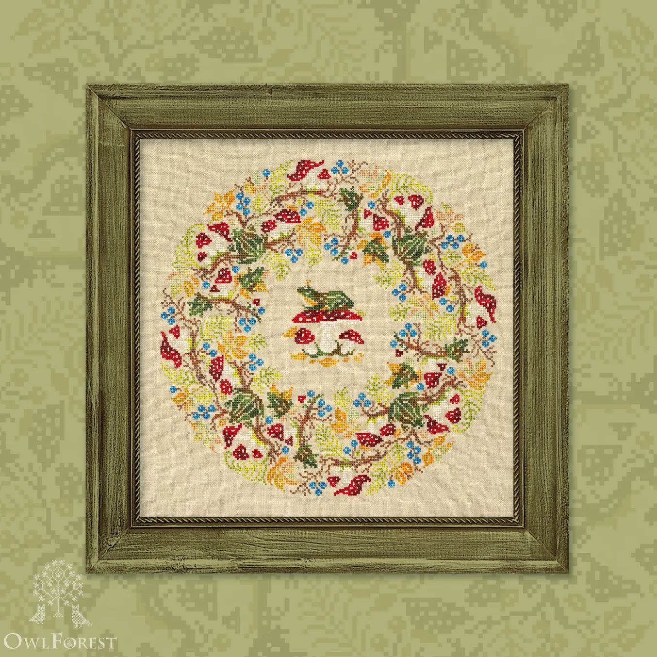 Toad Summer by Owl Forest Embroidery 2025 Printed cross stitch pattern, Set of Hand-Dyed Threads DMC 32 ct. with 2 strands