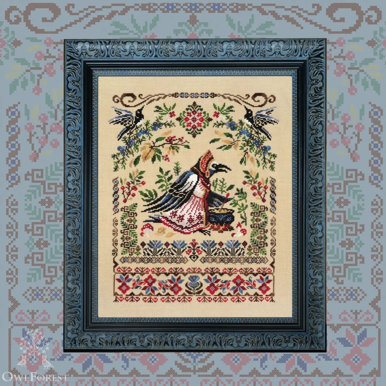 Magpie&#39;s Porridge by Owl Forest Embroidery 2025 Printed counted cross stitch pattern, Hand-Dyed Threads Set DMC