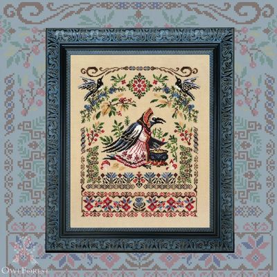 Magpie&#39;s Porridge by Owl Forest Embroidery 2025 Printed counted cross stitch pattern, Hand-Dyed Threads Set DMC