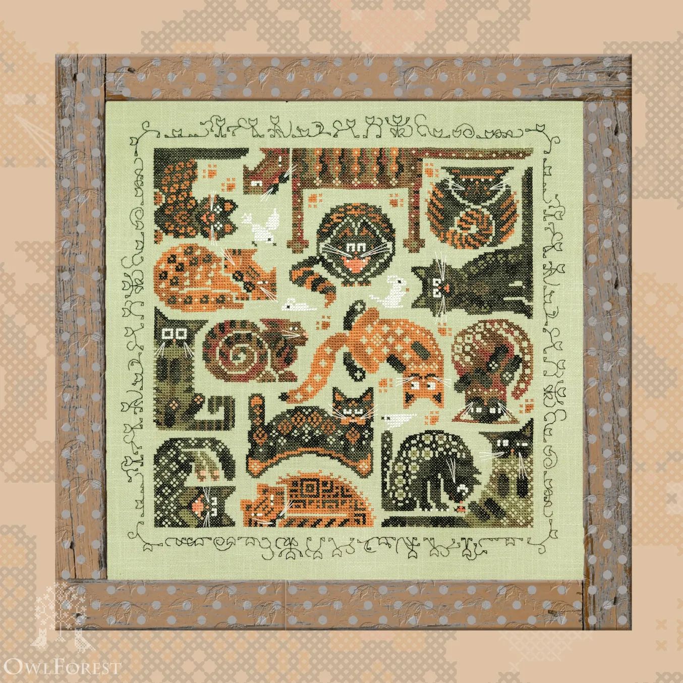 Fluffy Cats by Owl Forest Embroidery 2023 Printed counted cross stitch pattern Set of OwlForest Hand-Dyed Threads DMC 28, 32 ct with 2 str