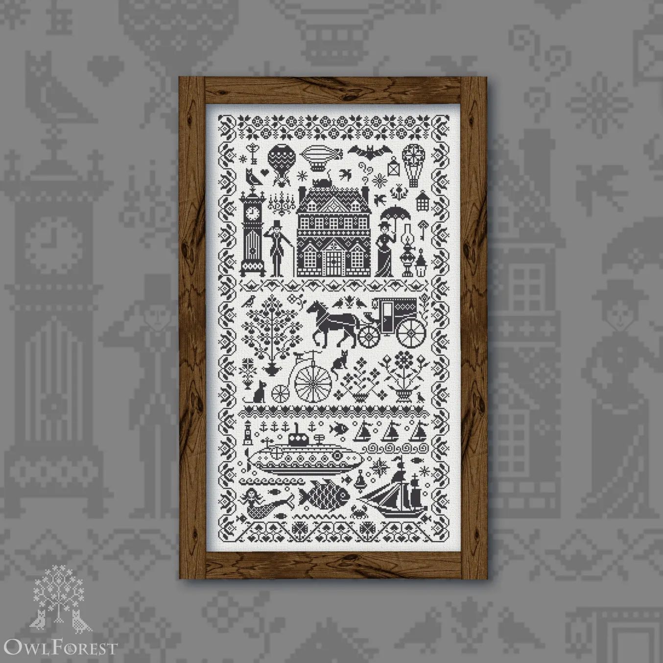 Black Vintage Sampler by Owl Forest Embroidery 2021 Printed counted cross stitch pattern, Set of Hand-Dyed Threads (DMC) 32ct with 2 strands