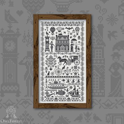 Black Vintage Sampler by Owl Forest Embroidery 2021 Printed counted cross stitch pattern, Set of Hand-Dyed Threads (DMC) 32ct with 2 strands