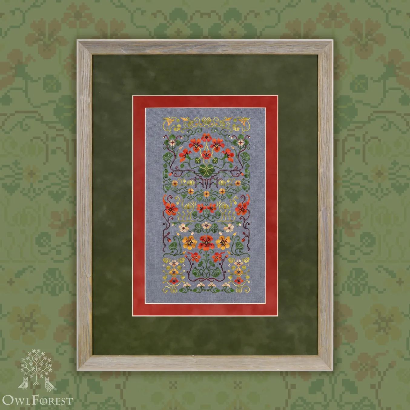 Fiery Nasturtium by Owl Forest Embroidery 2025 Printed cross stitch pattern, Threads Set DMC 40ct. with 1 strand