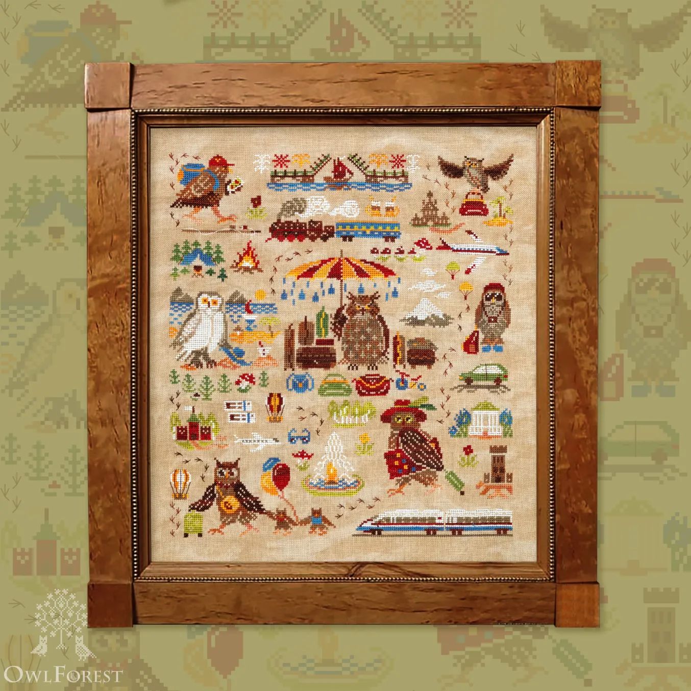 Owl Travellers by Owl Forest Embroidery 2025 Printed cross stitch pattern, Set of OwlForest Hand-Dyed Threads DMC 32 ct with 2 strands