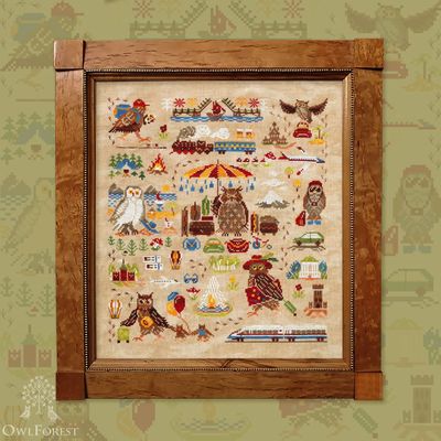 Owl Travellers by Owl Forest Embroidery 2025 Printed cross stitch pattern, Set of OwlForest Hand-Dyed Threads DMC 32 ct with 2 strands