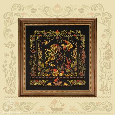 Underwater World by Owl Forest Embroidery 2025 Printed counted cross stitch pattern, Set of Hand-Dyed Threads DMC 32 ct with 2 strands