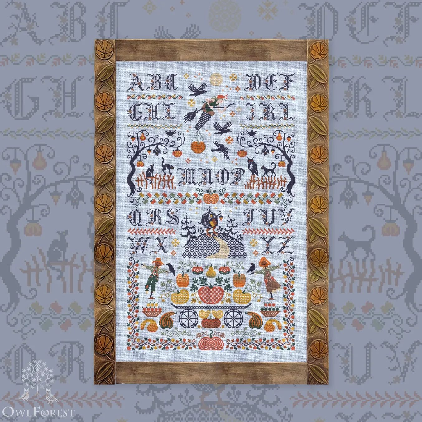 Autumn Night Alphabet Latin Letters by Owl Forest Embroidery 2023 Printed cross stitch pattern, Hand-Dyed Threads Set DMC 32 ct. with 2 strands