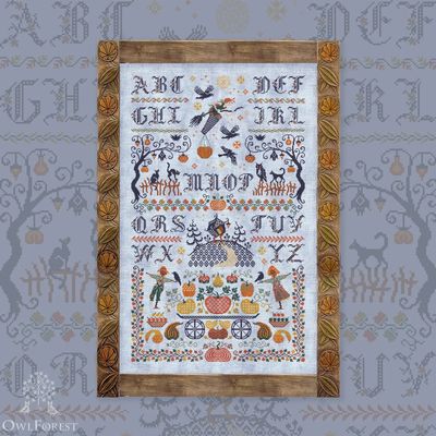 Autumn Night Alphabet Latin Letters by Owl Forest Embroidery 2023 Printed cross stitch pattern, Hand-Dyed Threads Set DMC 32 ct. with 2 strands