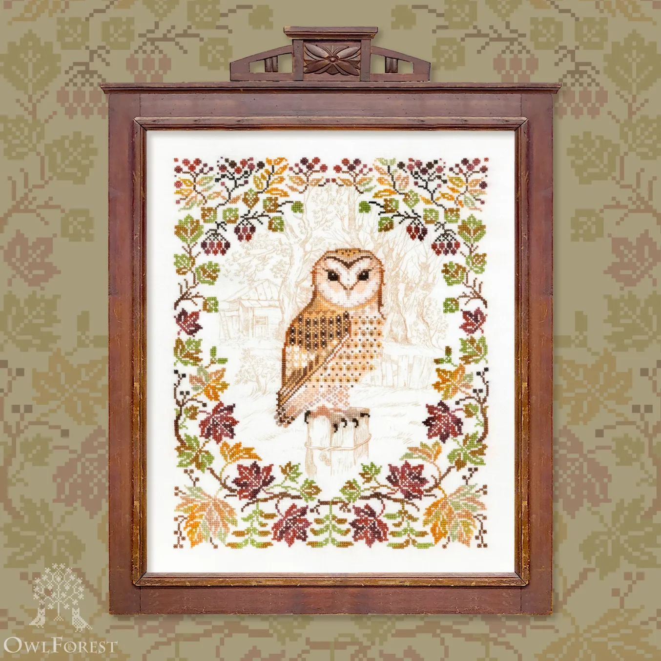 Barn Owl by Owl Forest Embroidery 2024 Printed counted cross stitch pattern Set of Hand-Dyed Threads DMC 28, 30, 32 ct., Printed Fabric 30ct