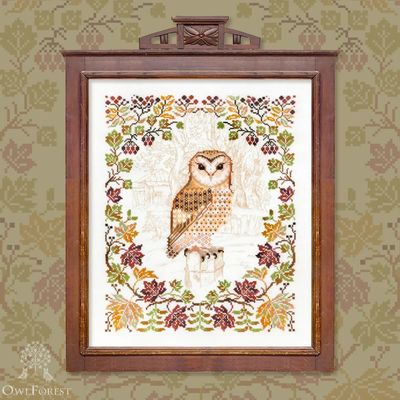 Barn Owl by Owl Forest Embroidery 2024 Printed counted cross stitch pattern Set of Hand-Dyed Threads DMC 28, 30, 32 ct., Printed Fabric 30ct