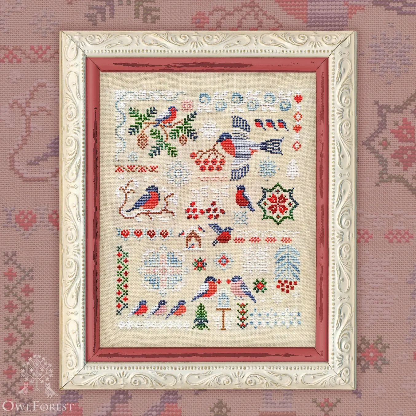 Bullfinches by Owl Forest Embroidery Printed counted cross stitch pattern