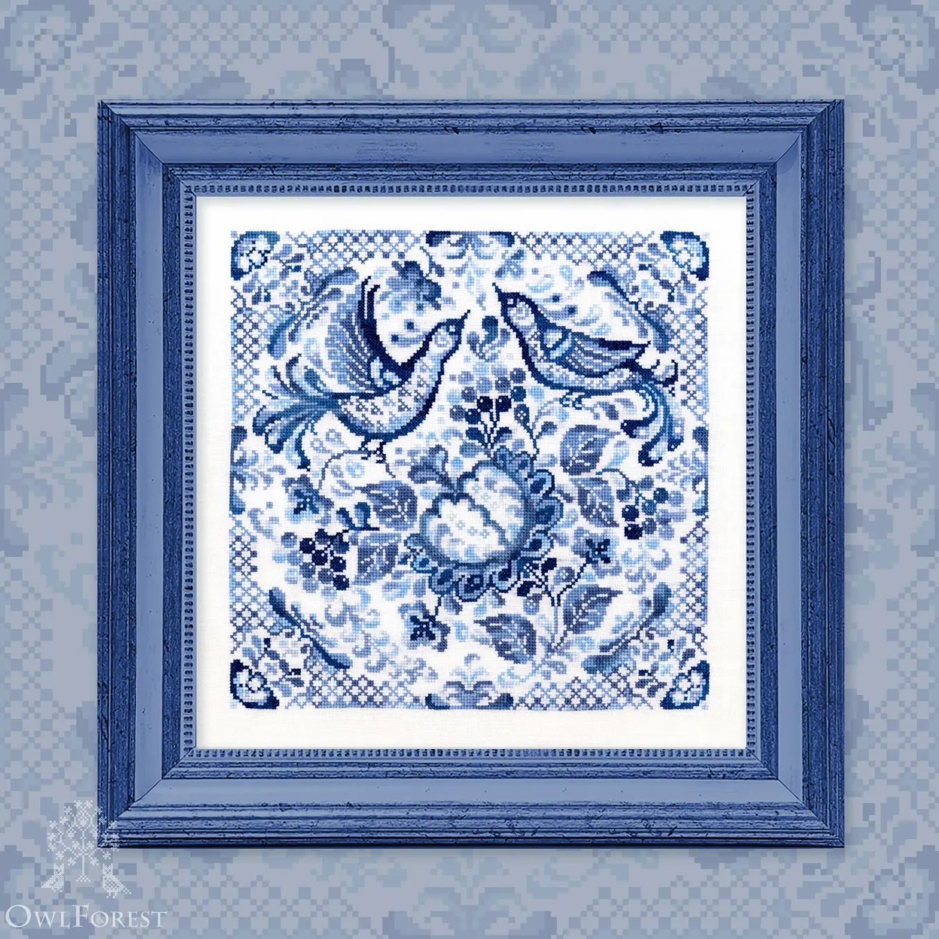 Bluebirds by Owl Forest Embroidery 2023 Printed counted cross stitch pattern, Set of OwlForest Hand-Dyed Threads DMC 28, 32 ct with 2 strands