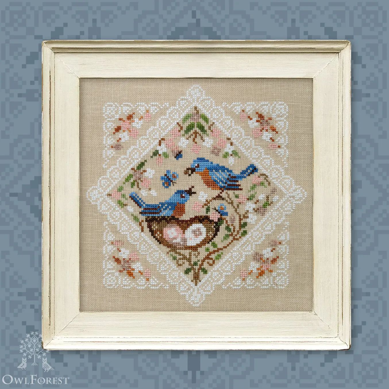 Bluebirds Lace Framed Birds by Owl Forest Embroidery 2023 Printed counted cross stitch pattern