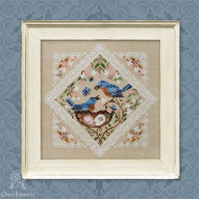 Bluebirds Lace Framed Birds by Owl Forest Embroidery 2023 Printed counted cross stitch pattern