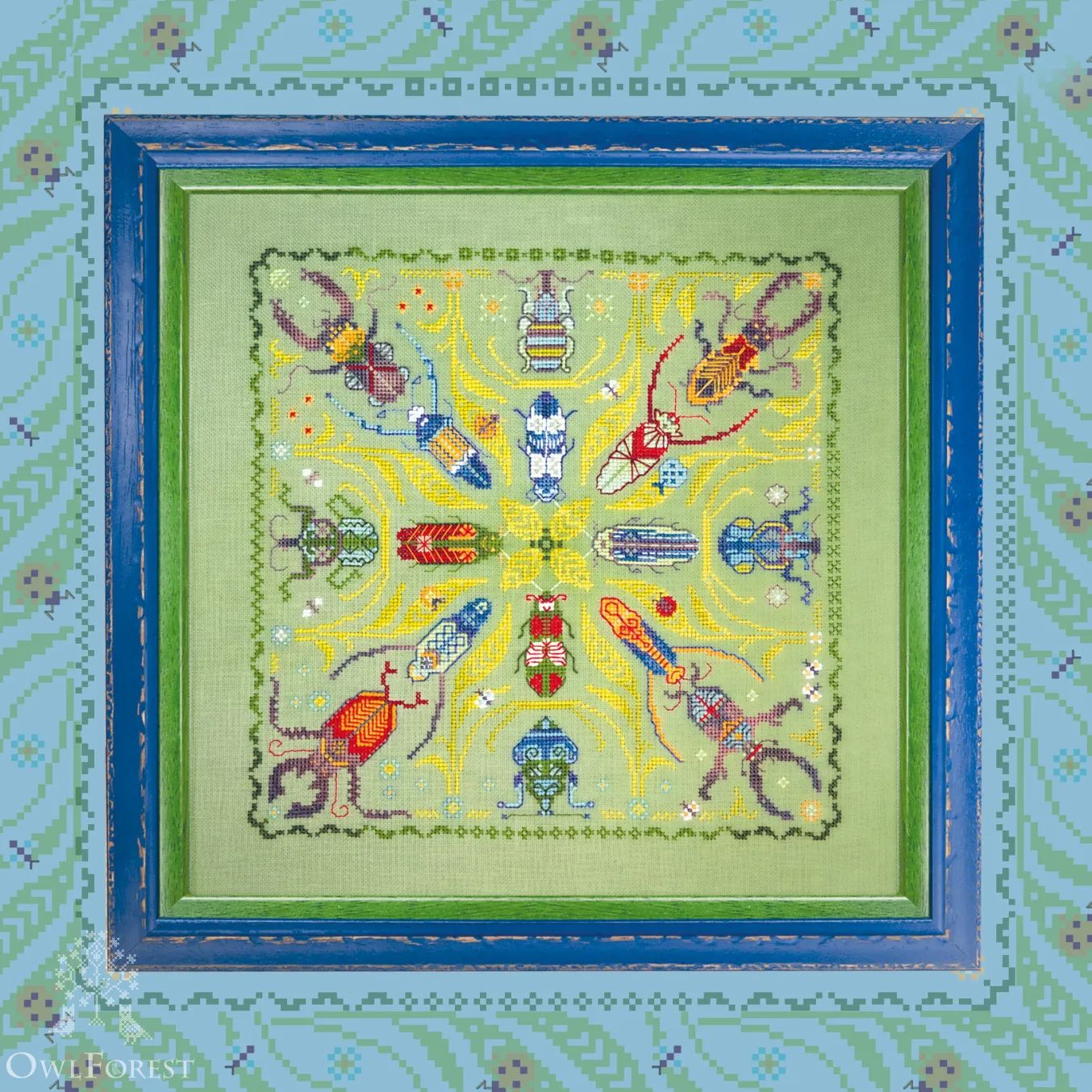 Bright Beetles by Owl Forest Embroidery 2025 Printed counted cross stitch pattern, Set of OwlForest Hand-Dyed Threads DMC