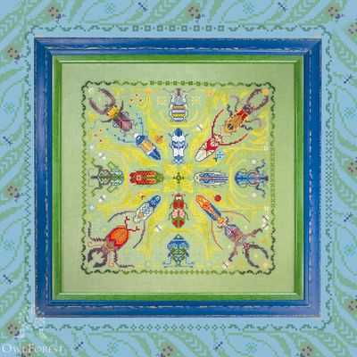 Bright Beetles by Owl Forest Embroidery 2025 Printed counted cross stitch pattern, Set of OwlForest Hand-Dyed Threads DMC