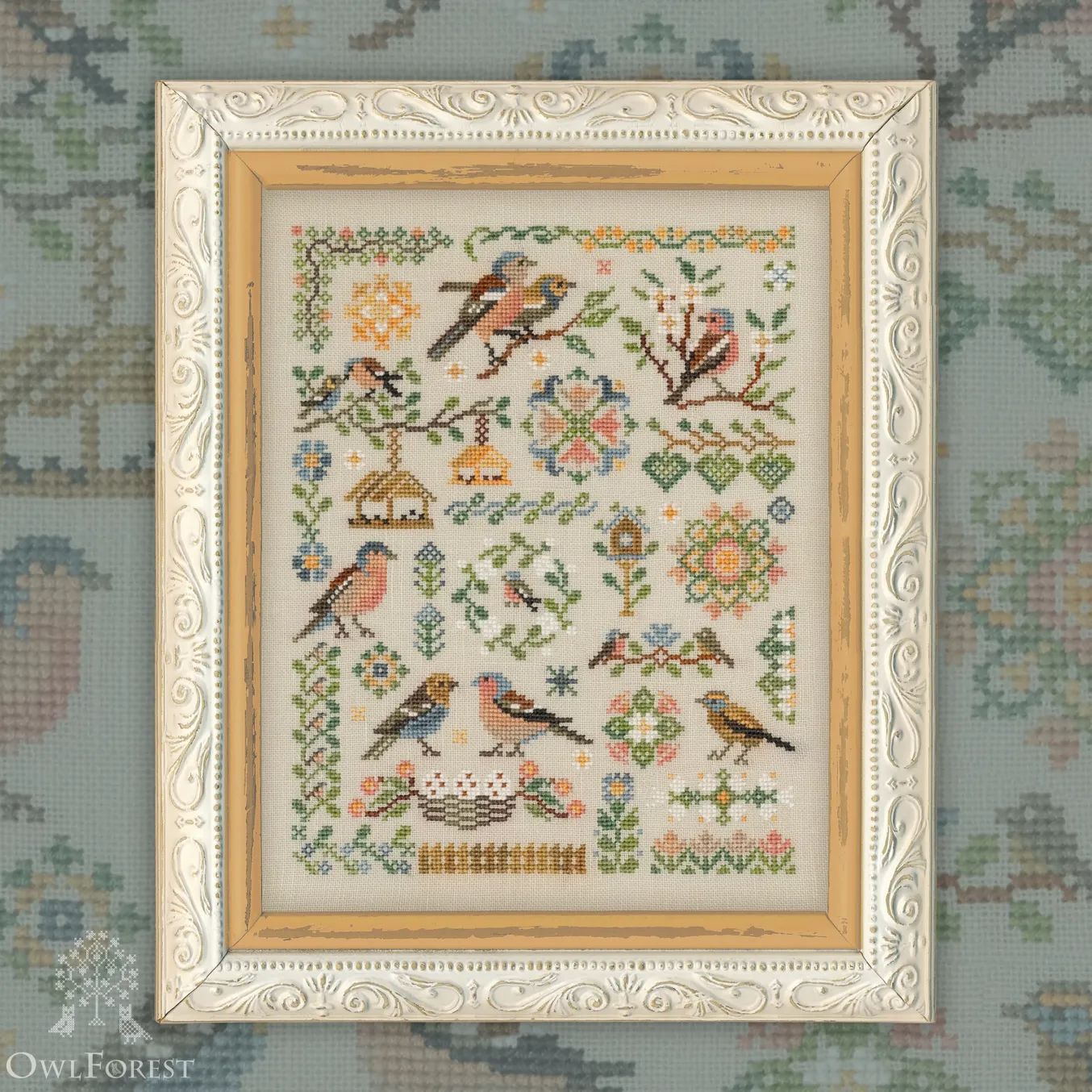 Chaffinches by Owl Forest Embroidery 2024 Printed cross stitch pattern, Set of Hand-Dyed Threads 32, 36 ct with 2 strands