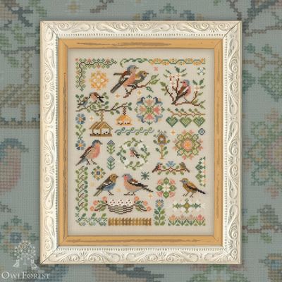 Chaffinches by Owl Forest Embroidery 2024 Printed cross stitch pattern, Set of Hand-Dyed Threads 32, 36 ct with 2 strands