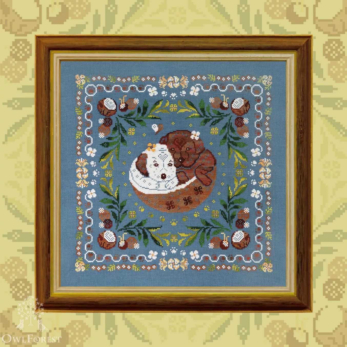 Coconut Puppies by Owl Forest Embroidery 2025 Printed counted cross stitch pattern Set of OwlForest Hand-Dyed Threads DMC 32 ct.