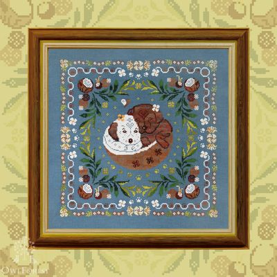 Coconut Puppies by Owl Forest Embroidery 2025 Printed counted cross stitch pattern Set of OwlForest Hand-Dyed Threads DMC 32 ct.