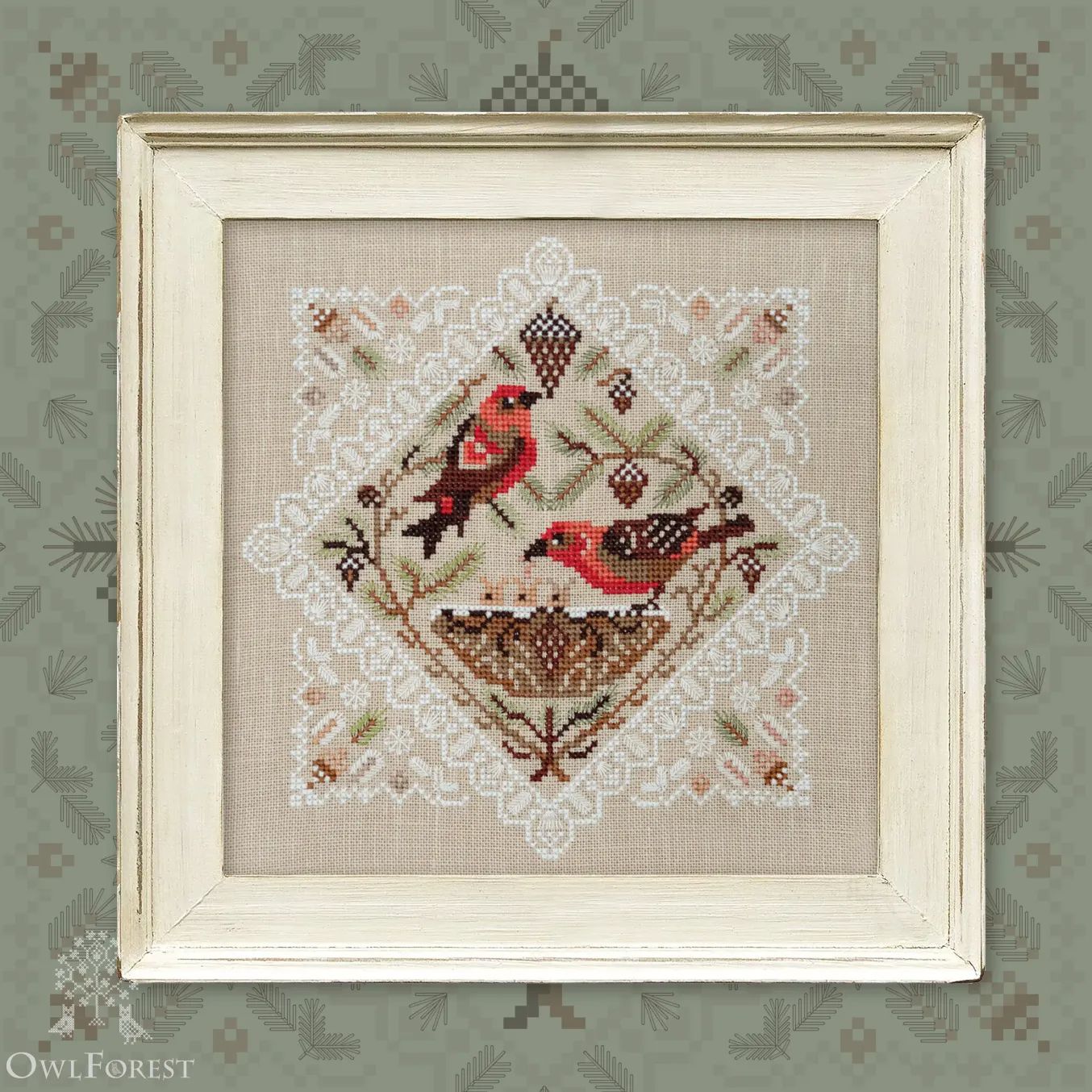 Crossbill Birds. Lace Framed Birds by Owl Forest Embroidery 2023 Printed cross stitch pattern