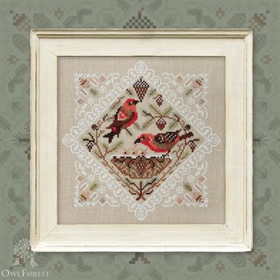 Crossbill Birds. Lace Framed Birds by Owl Forest Embroidery 2023 Printed cross stitch pattern