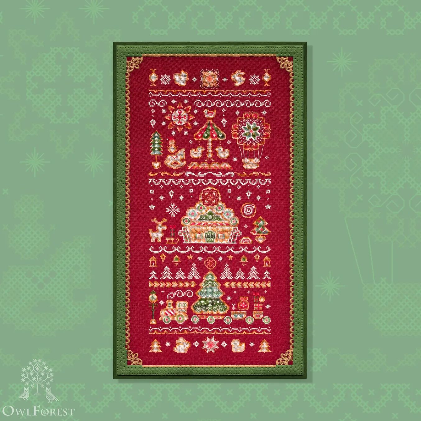 Gingerbread Christmas by Owl Forest Embroidery 2024 Printed cross stitch pattern, Set of Hand-Dyed Threads DMC 32, 36 ct. with 2 str.