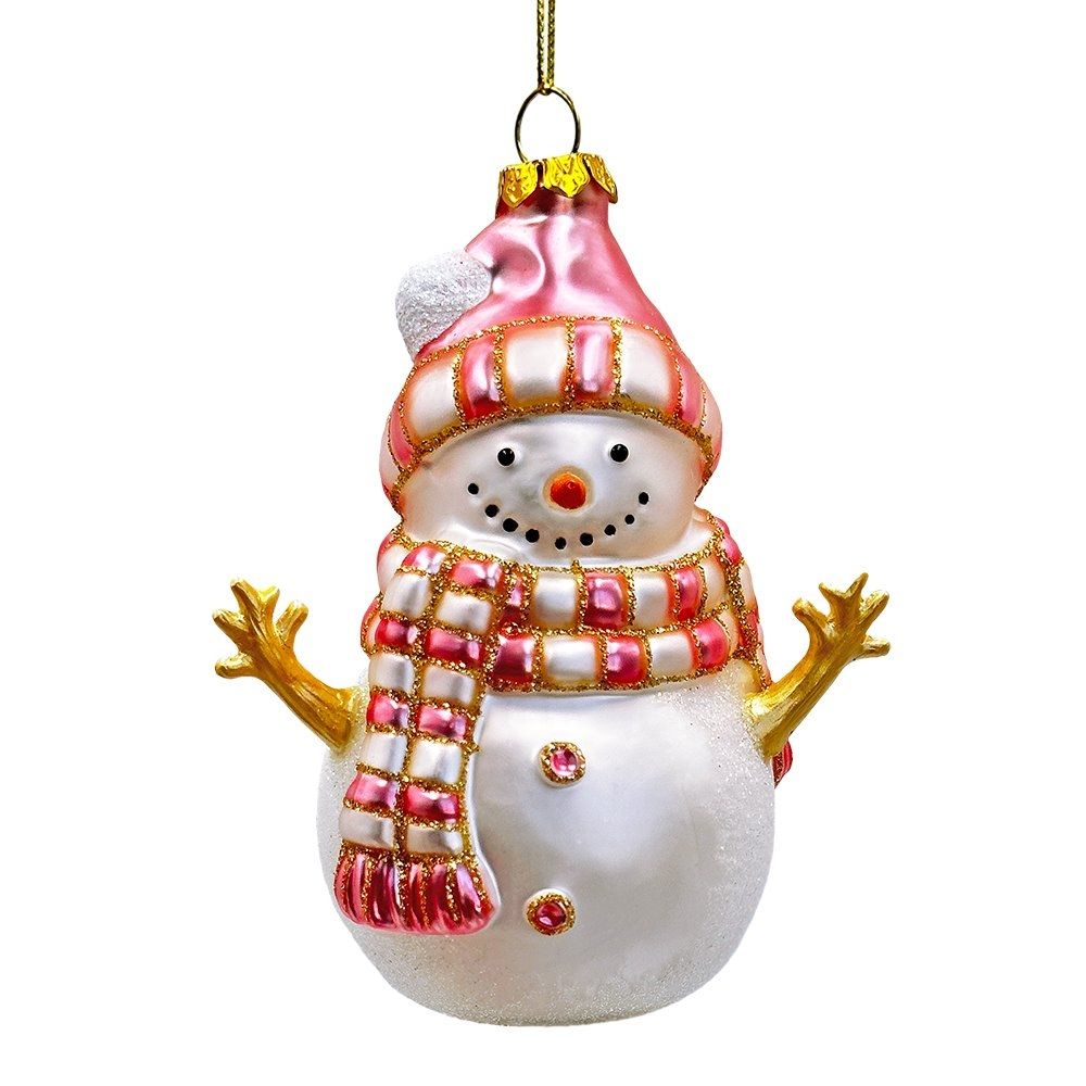Pink Snowman Handmade Christmas Tree Glass ornament by OrnamentallyYou