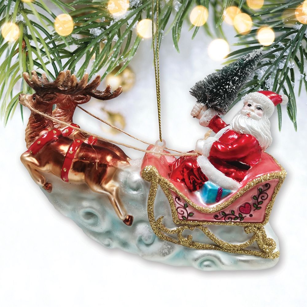 Santa Sleigh and Reindeer Handmade Christmas Tree Glass ornament by OrnamentallyYou