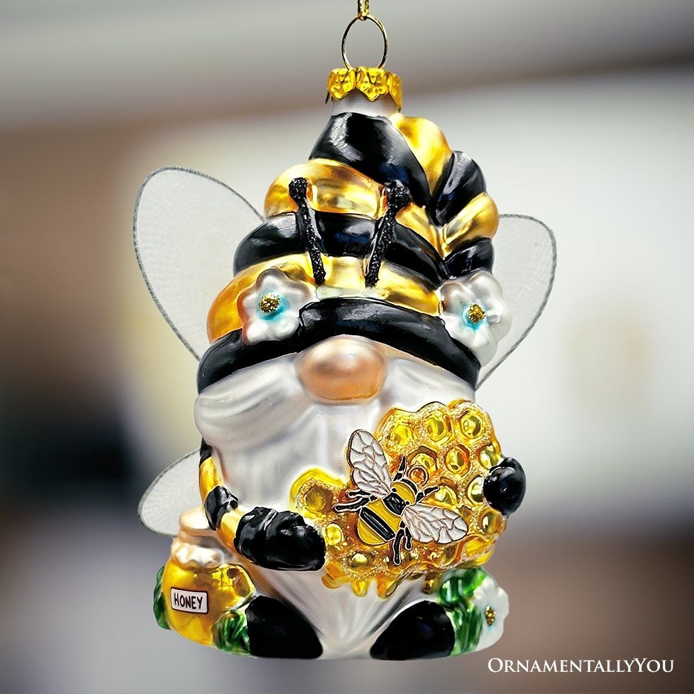 Sparkling Bee Gnome Handmade Christmas Tree Glass ornament by OrnamentallyYou