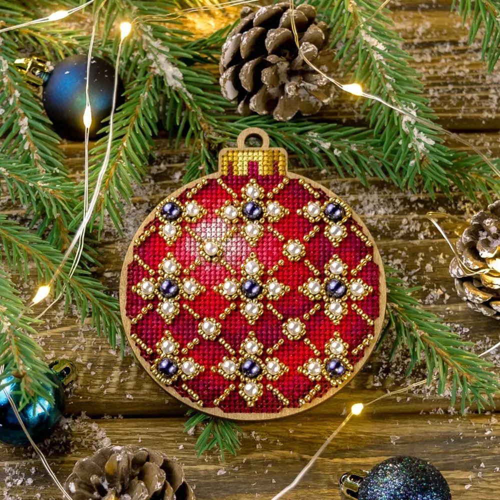 Red Festive Pattern by Wonderland Crafts Christmas tree ball Cross-stitch with beads kit on wood Made in Ukraine