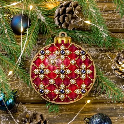 Red Festive Pattern by Wonderland Crafts Christmas tree ball Cross-stitch with beads kit on wood Made in Ukraine
