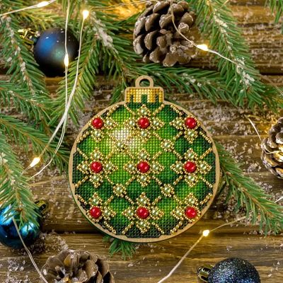 Green Festive Pattern by Wonderland Crafts Christmas Ornament Cross-stitch with beads kit on wood Made in Ukraine