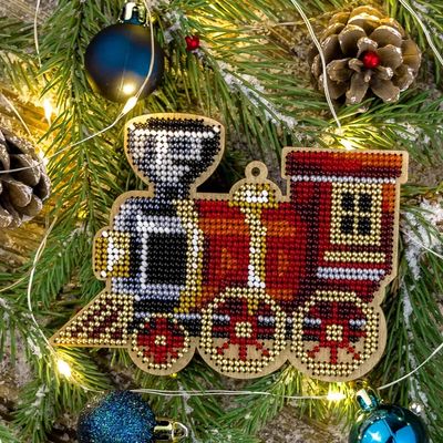 Holiday Train by Wonderland Crafts Christmas Bead embroidery kit on wood Made in Ukraine