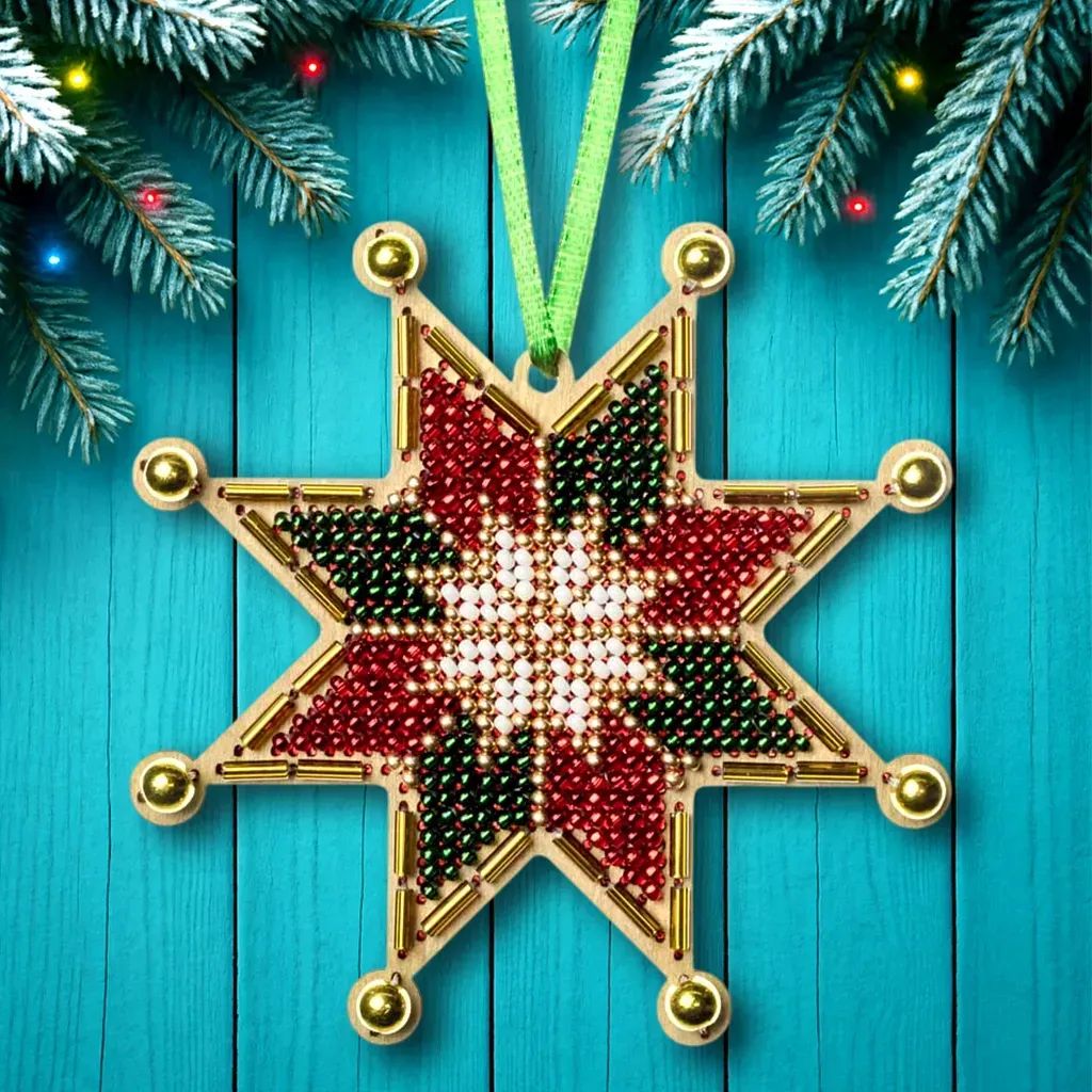 Christmas Night Star by Wonderland Crafts 2025 Christmas Ornament Bead embroidery kit on wood Made in Ukraine