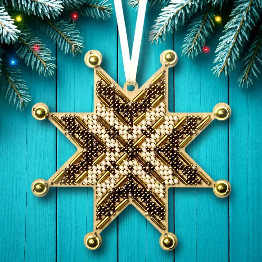 Golden Glow Star by Wonderland Crafts 2025 Christmas Ornament Bead embroidery kit on wood Made in Ukraine