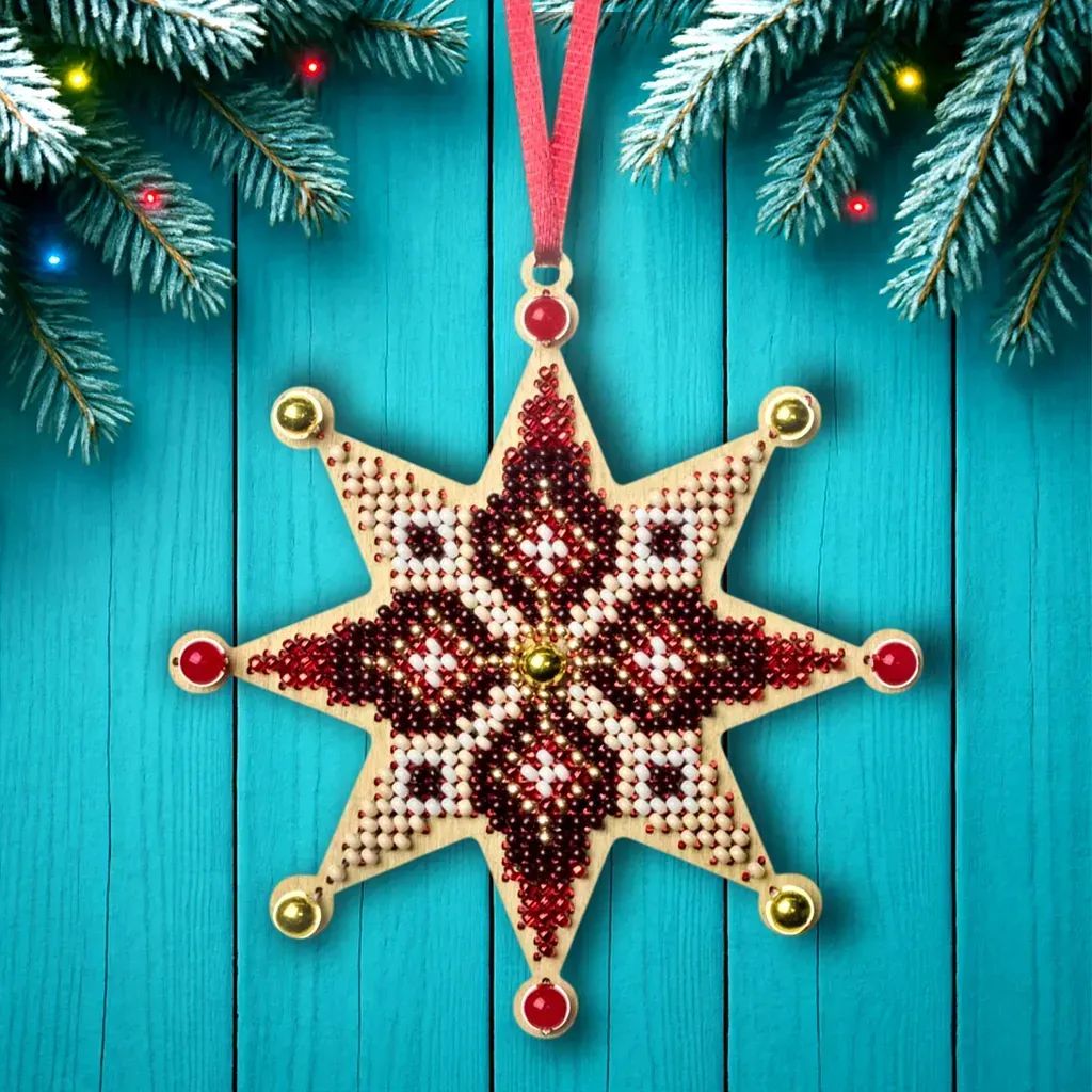 Crimson Miracle Star by Wonderland Crafts 2025 Christmas Ornament Bead embroidery kit on wood Made in Ukraine