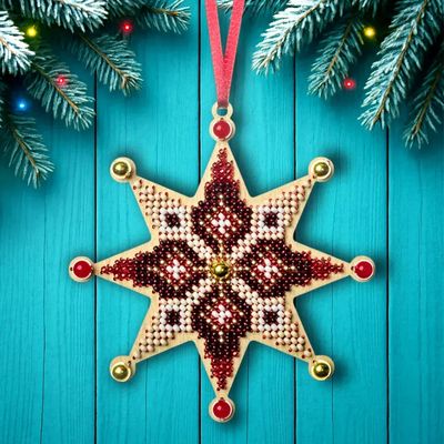 Crimson Miracle Star by Wonderland Crafts 2025 Christmas Ornament Bead embroidery kit on wood Made in Ukraine
