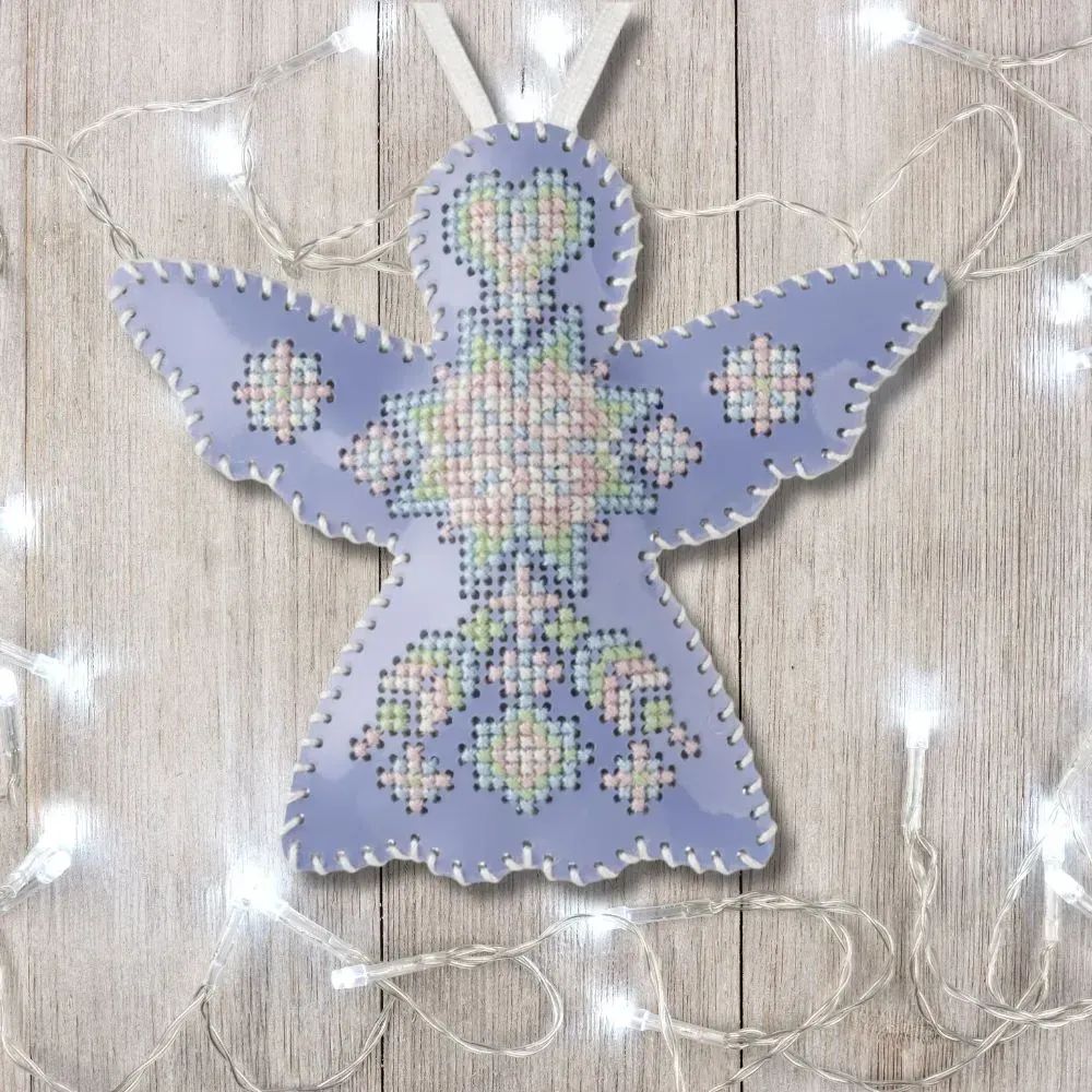 Light Blue Angel by Wonderland Crafts 2025 Christmas Ornament Faux Leather Cross-Stitch Kit Made in Ukraine
