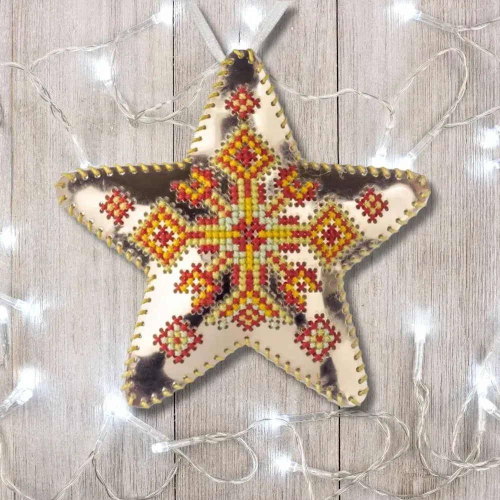 Rose Gold Star by Wonderland Crafts 2025 Christmas Ornament (Double-Sided) Faux Leather Cross-Stitch Kit