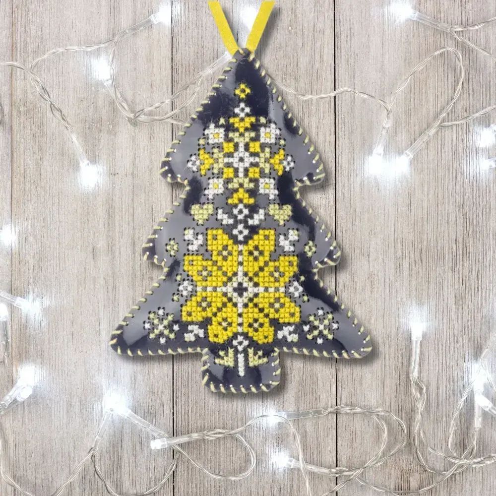 Blue Christmas Tree by Wonderland Crafts 2025 Christmas Ornament (Double-Sided) Faux Leather Cross-Stitch Kit