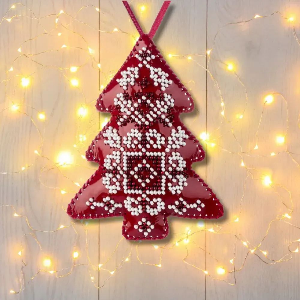 Red Christmas Tree by Wonderland Crafts 2025 Christmas Ornament (Double-Sided) Faux Leather Bead Embroidery Kit