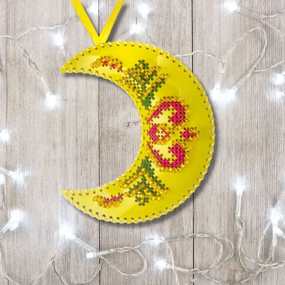 Yellow Crescent Moon by Wonderland Crafts 2025 Christmas Ornament (Double-Sided) Faux Leather Cross-Stitch Kit