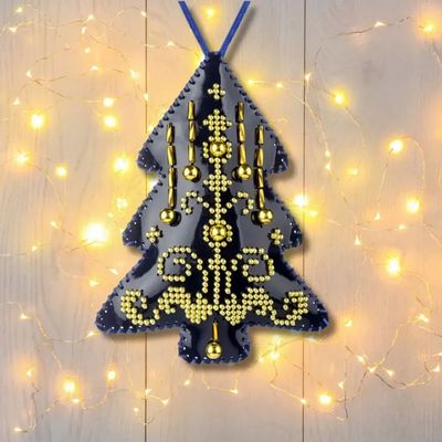 Dark Blue Christmas Tree by Wonderland Crafts 2025 Christmas Ornament (Double-Sided) Faux Leather Bead Embroidery Kit